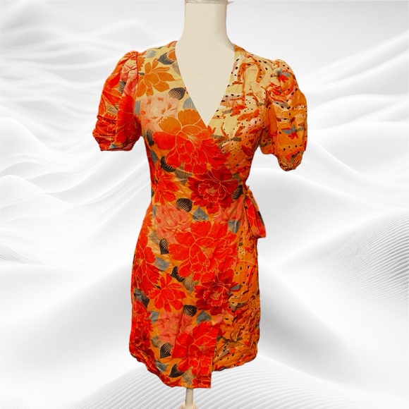 FARM Rio Anthro Floral Tropical Wrap Dress XS‎ Orange Red Pink - Picture 1 of 11